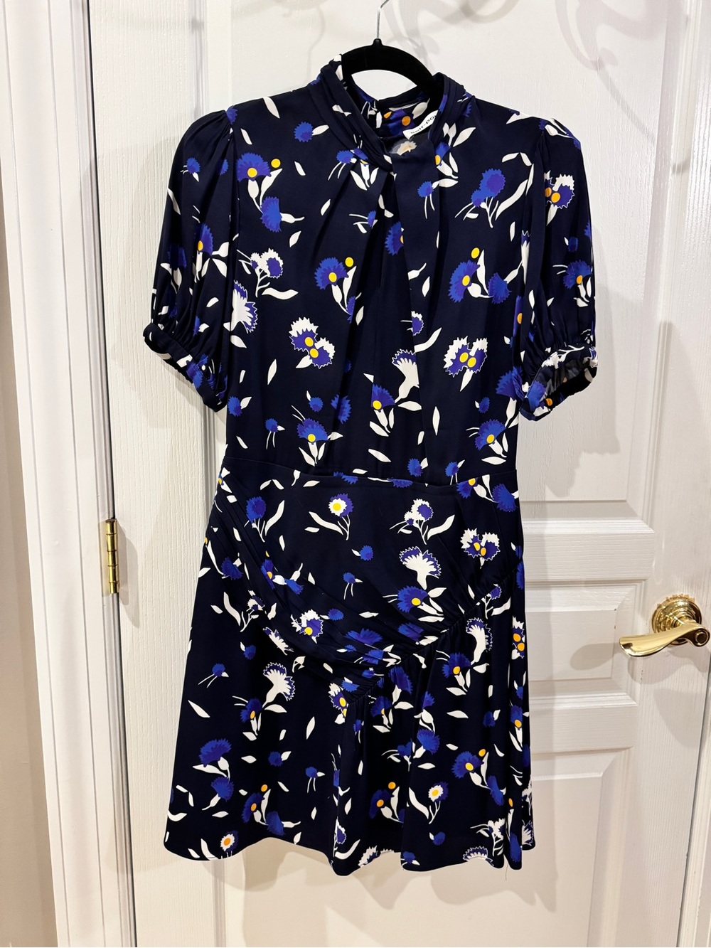 Self-Portrait Navy Floral Tie-Neck Short Dress